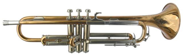 Lew Davis "Autograph" Trumpet. One piece red brass bell. Radial valves with middle valve offset. Many Art Deco features