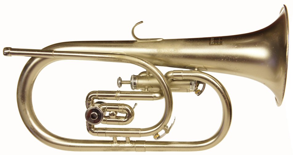 Olds Bugle in G/Gb/F/E. C1976-79. Frosted nickel plate. Piston valve lowers pitch one tone. Rotary valve lowers pitch one semitone. Good condition. Original case included. Uses a cornet mouthpiece (not included) Price £299.00
