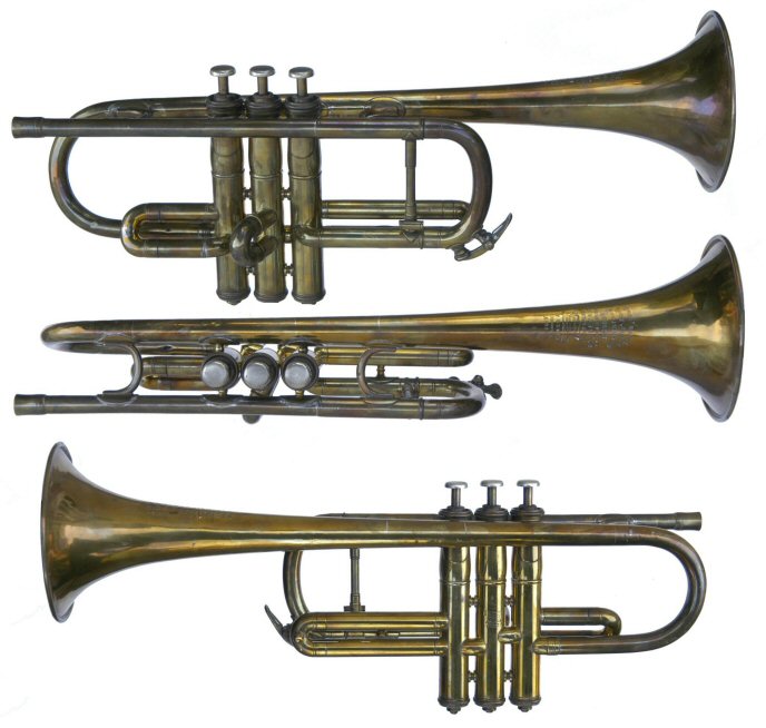 Boosey Trumpet in Db. Inscribed on bell . "SOLBRON". REGISTERED. CLASS A. BOOSEY. LIGHT VALVE. BOOSEY & CO. MAKERS LONDON. 102889. Good playing order. Pitched in modern Db with the tuning slide extended 2cm