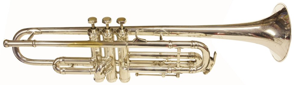 Besson International Trumpet. Early 1930s Art Deco design. Good condition but some wear on the plating. Medium bore so good high register. Harder to play in low register. Almost rimless bell & fluted valve casing. Quick change to A. Serial number 126548. Instrument only. Price £499.00