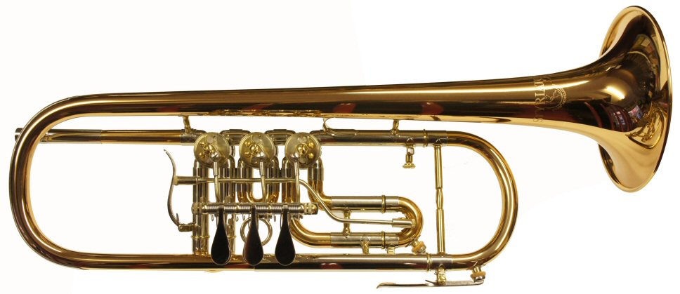 Conn International rotary valve trumpet. Red brass bell & slide bows. 3rd valve trigger. Outfit includes case & mouthpiece
