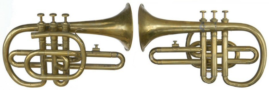 JH Ebblewhite Cornopean made between 1854 & 1882. Inscribed on bell JH Ebblewhite Maker & Importer 24 Aldgate High St London E. Brass mouthpiece, 2 shanks & Ab crook included