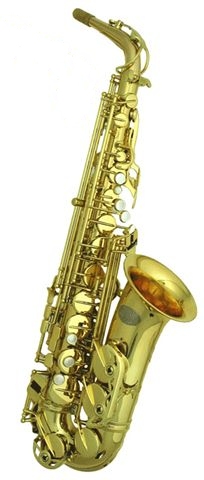 Jupiter 969GL Alto Sax. Hand hammered body and bell with engraving. Articulated G# key with tilting rocker arm. High C and F# key adjustments. Fine adjustment screws on A,D,E and F keys. Power forged keys with pearl buttons. One piece hand hammered neck. Deluxe steel needle springs. Adjustable thumb rest with metal guard. Deluxe black cordura case trimmed with tan leather, fitted with back pack straps 