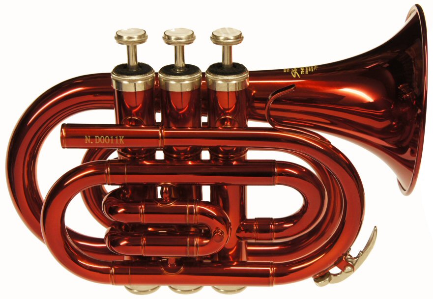 Stagg Red Pocket Trumpet. Black lacquer finish. Outfit includes hard case & mouthpiece